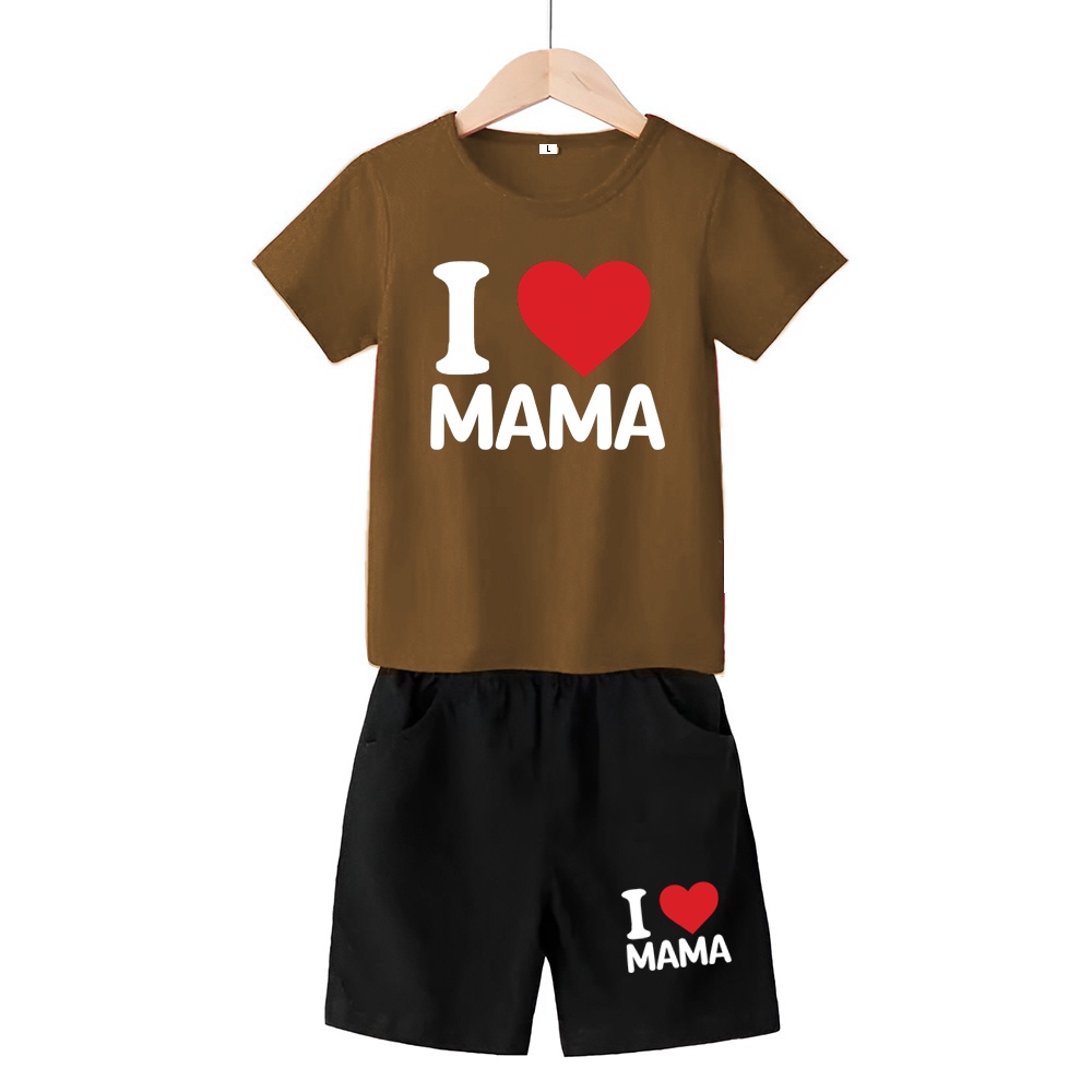 Baju Stelan 3/4 Anak Love Mom Cowok Cewek  Usia 1 - 4 Tahun Celana Pendek Harian