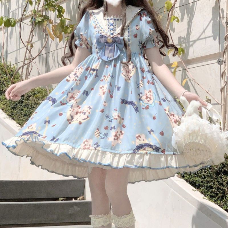 [MikanHiro Store] catties fat MMLolita dress summer op Lolita girl navy collar dress light lo skirt cute