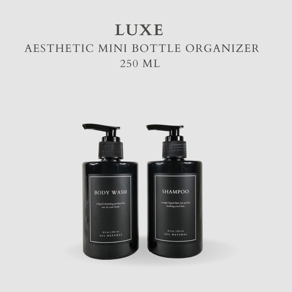LUXE Botol MINI HITAM Label KOTAK HITAM 250 ml Aesthetic Bottle Refill | Botol refill sabun /botol refill sabun/ botol isi ulang/botol sabun refill/botol sabun/botol pump/botol anak/bathroom organizer/bathroom amenities