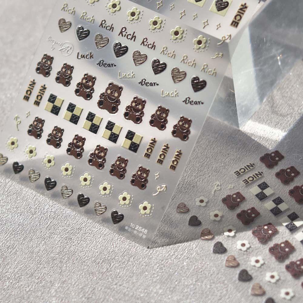 AUGUSTINA Agustina Kartun Stiker Kuku Wanita 5D Relief Manikur Aksesoris Bunga Perekat Diri Beruang Stiker Kuku