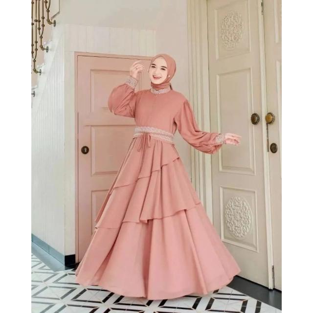 Mikayla ( FREE PASHMINA) Dress Kondangan Gamis Pesta Mewah Elegan Baju Wanita Jumbo Gamis Dewasa Ceruty Babydoll Aksen Renda