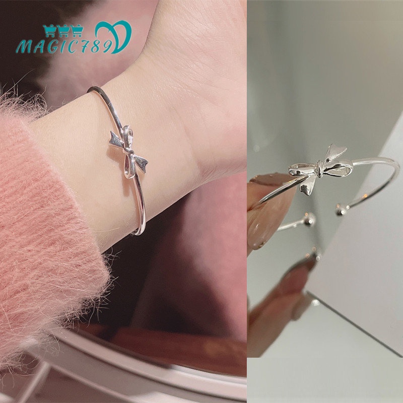 Papaozhu Elegan Perak Busur Bangle Terbuka Gelang Untuk Wanita Perempuan Korea Ikatan Simpul Cuff Bracelets Adjustable Fashion Wrist Jewelry