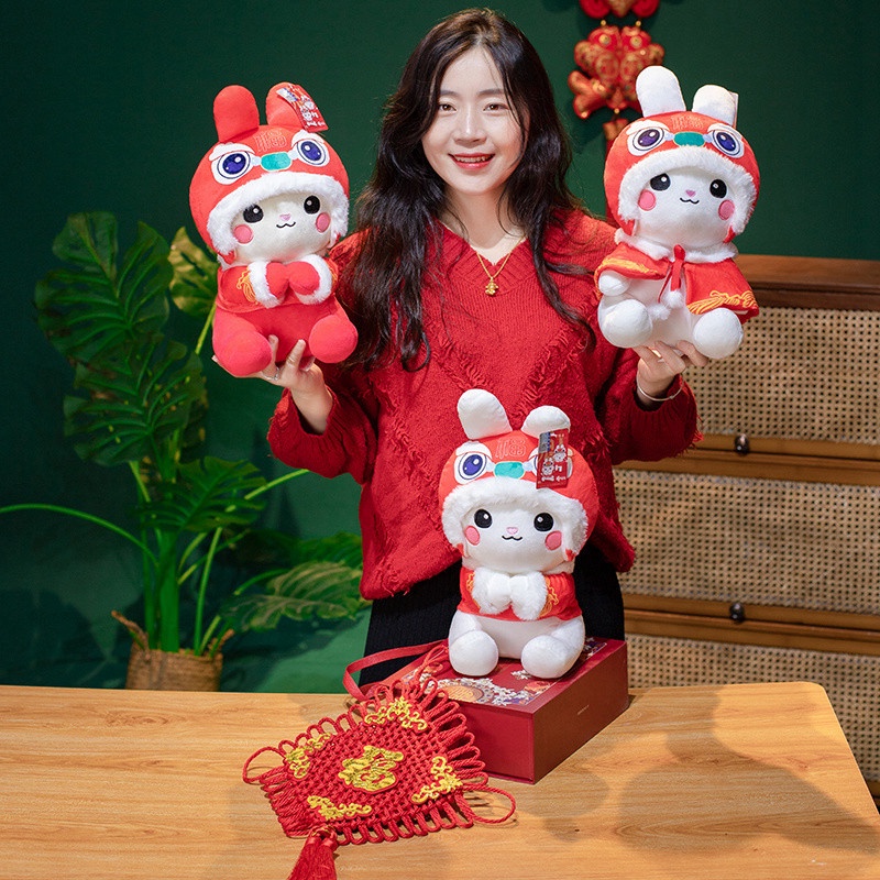 Boneka Kelinci Keberuntungan bahan Plush Ukuran 23 CM Mainan Stuffed Kelinci Jubah Merah