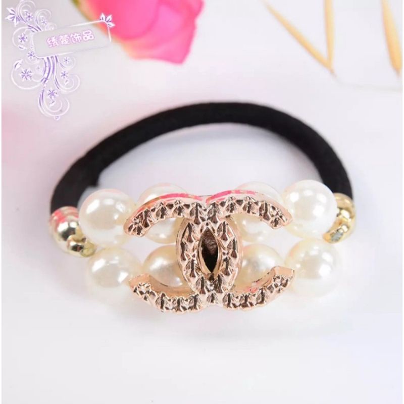 Ikat Rambut Mutiara Channel Hitam Pearl Gelang Kunciran Rambut Import Fashion Korea