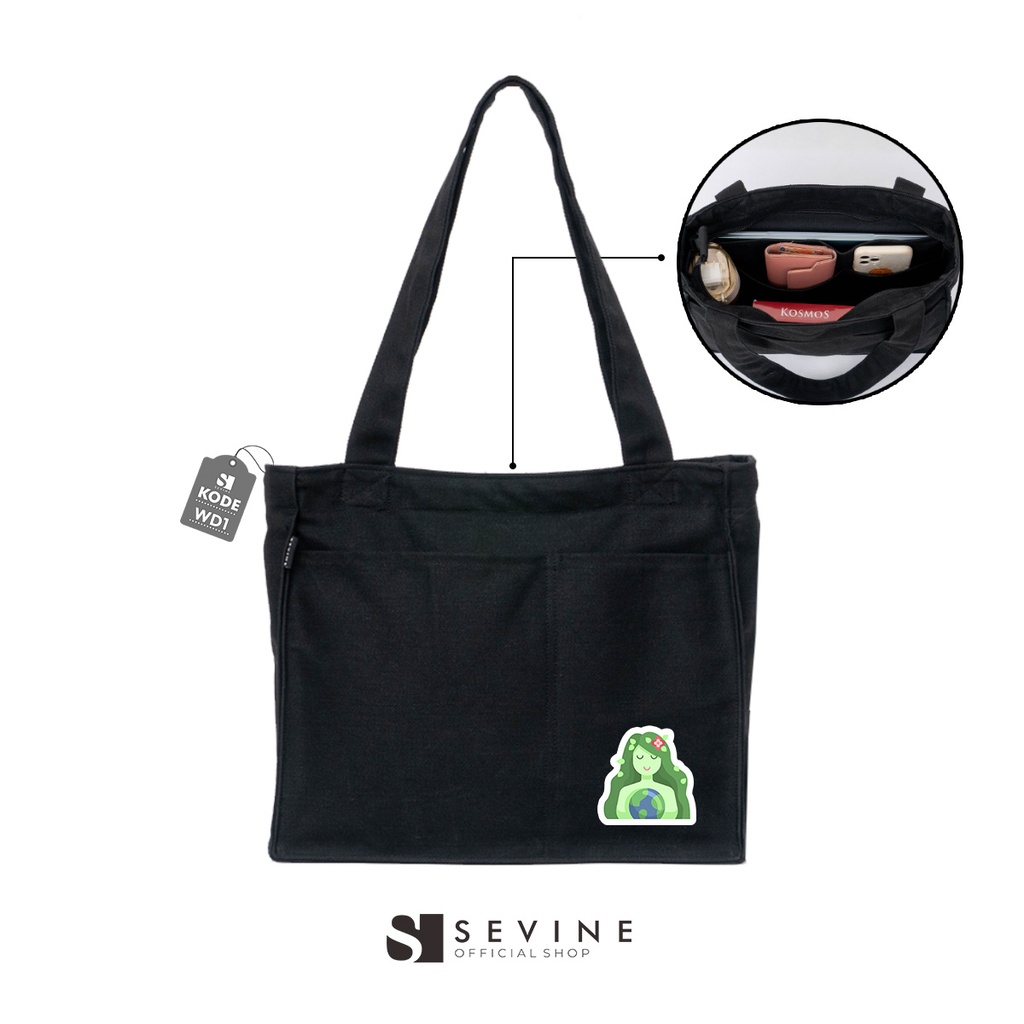 Sevine Totebag Kanvas Rebecca Tas Wanita Tote Bag Kuliah Sekolah Sekat Laptop Hitam Elegan Aesthetic - WD