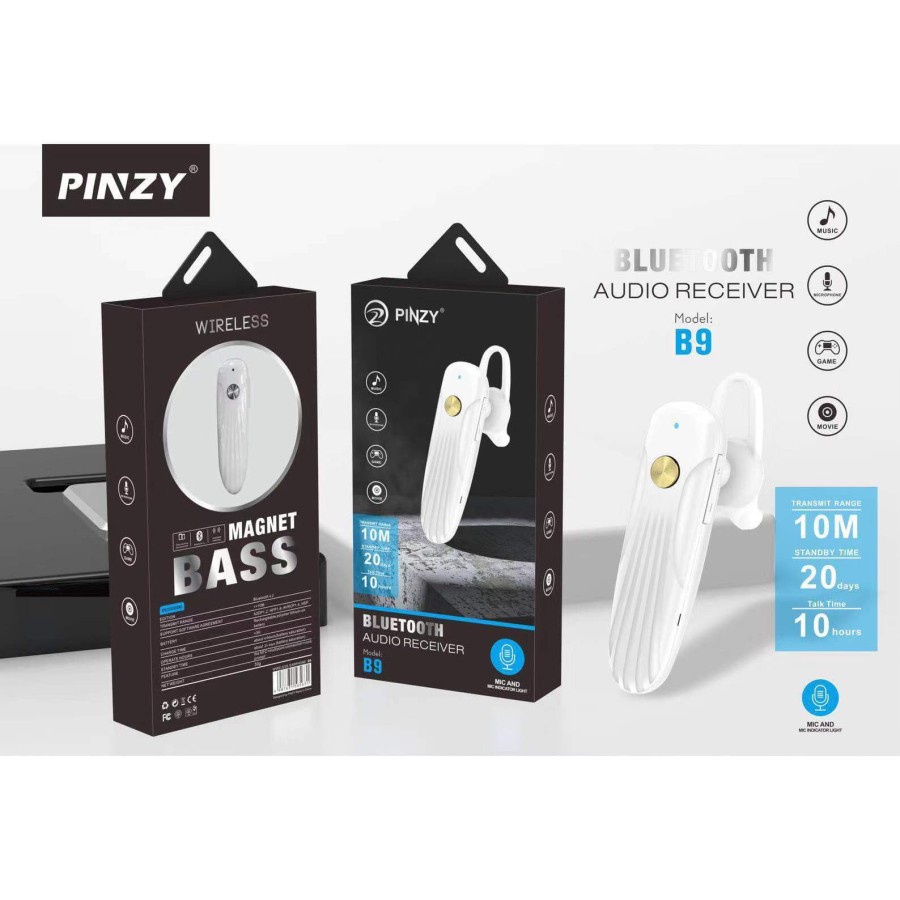 Headset Bluetooth Original PINZY B9 Magnet Bass - Putih