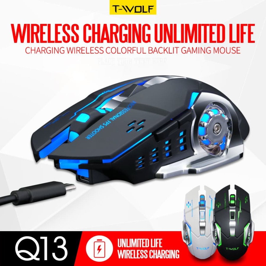 MOUSE GAMING WIRELESS LED T-WOLF Q13 (RGB) SILENT MOUSE TWOLF BLACK