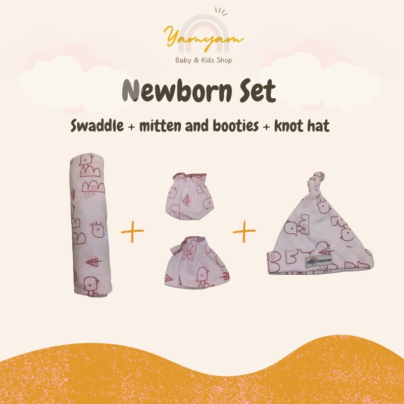 newborn set bedong set package paket bayi baru lahir sweaddle mitten booties knot hat bedong sarung tangan kaki sartaki stk topi bayi bolo bolo diti baby