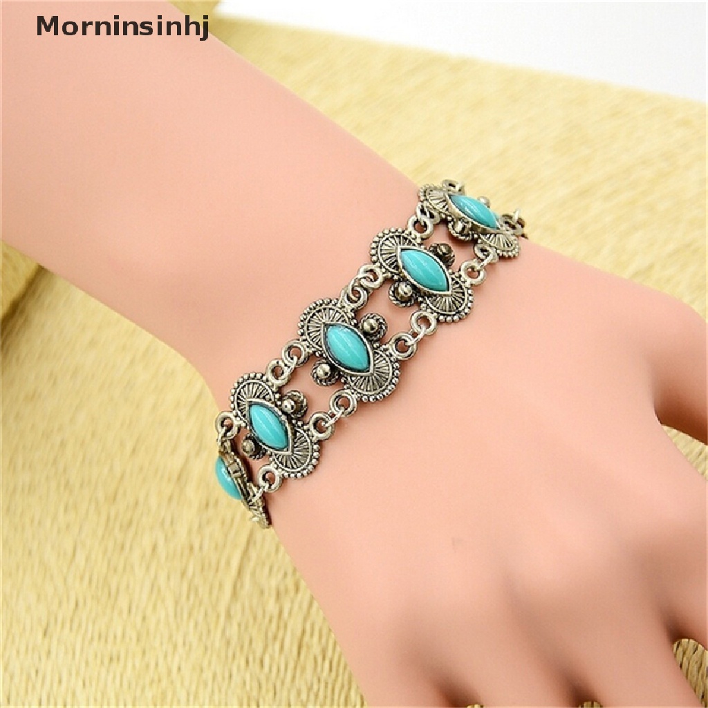 Mornin Sexy Bohemian Fashion Wanita Perak Turquoise Bangle Gelang Pergelangan Tangan Band Perhiasan id