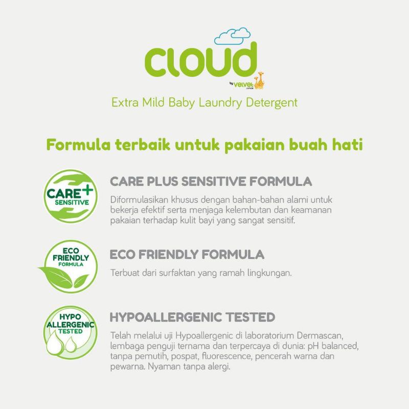 Cloud by Velvet Extra Mild Baby laundry Detergent 1200ml PLUS BUBBLE WRAP dan packing kardus