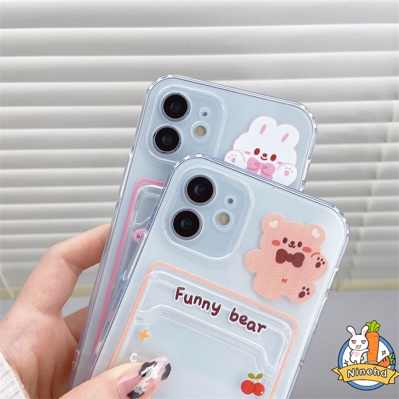 Oppo A17 A17K A57 A77 A77s A16 A16K A15 A15s A3s A5s A76 A96 A74 A54 A94 A95 A92 A52 A53 A5 A9 Reno 58z 7Z 6Z Beruang Lucu Anti Jatuh Bening Tempat Kartu Card Bag Phone Case Lembut Sarung