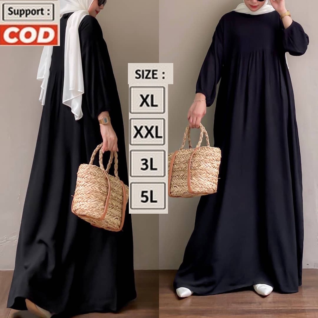 Gamis / Abaya Hari Raya Lebaran Jumbo Polos Simpel Kekinian Mewah Warna Hitam Lucu Cantik Premium Or