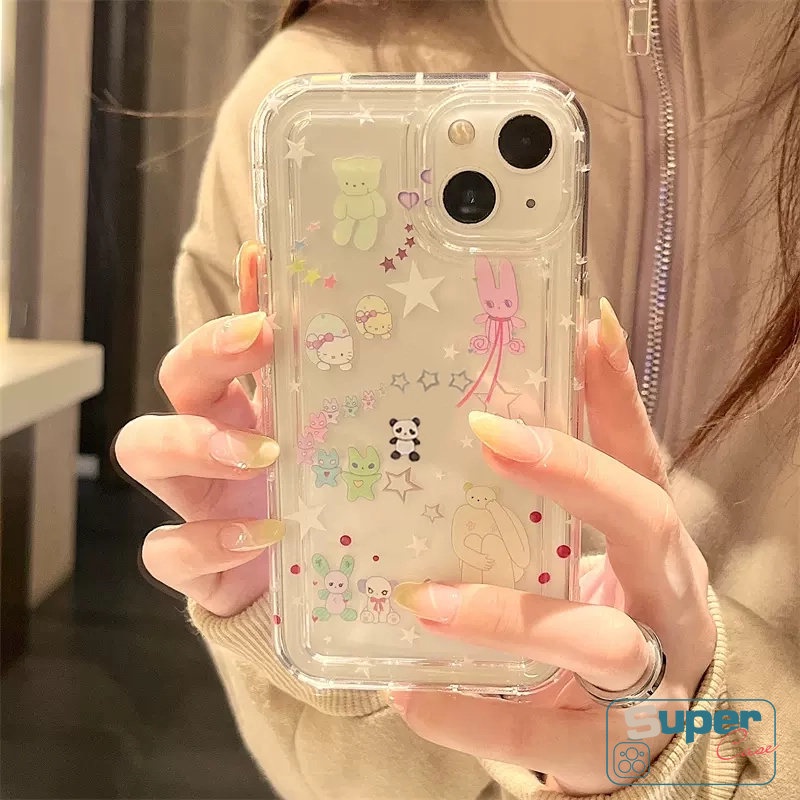 IPHONE Bening Lembut Silicon TPU Case Kompatibel Untuk Iphone7 8 6 6s Plus 11 13 14 12 Pro MAX XR X XS MAX SE 2020 Ins Graffiti Lucu Kartun Lovely Star Bear Airbag Shockproof Back Cover