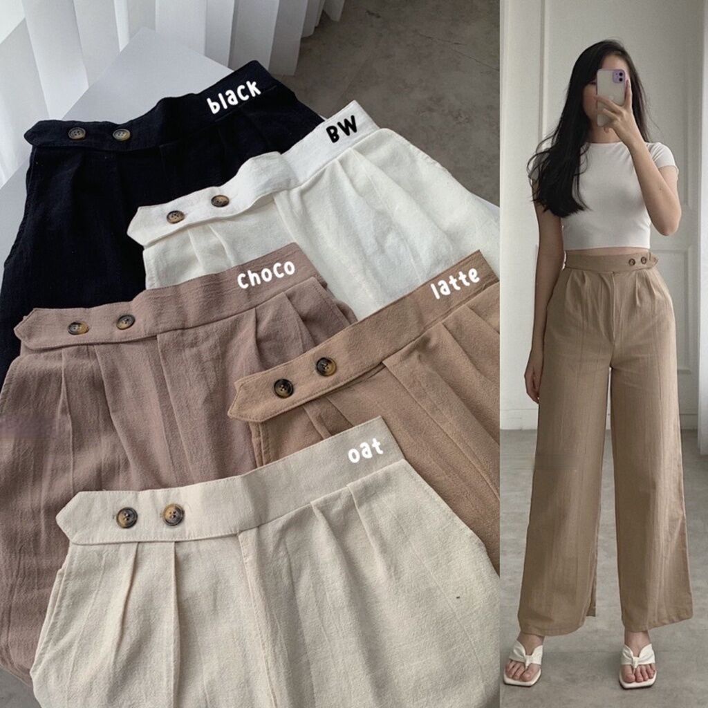 Tiwi Pants - Celana Kulot Wanita Linen Crinkle Highwaist Side Button - Cullote Pants Korean Style