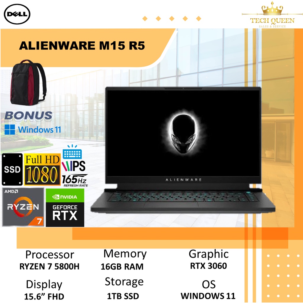 DELL ALIENWARE M15 R5 - RTX3060 6GB RYZEN 7 5800H 16GB 1TBSSD WINDOWS11+OHS 15.6FHD 165HZ 4ZRGB