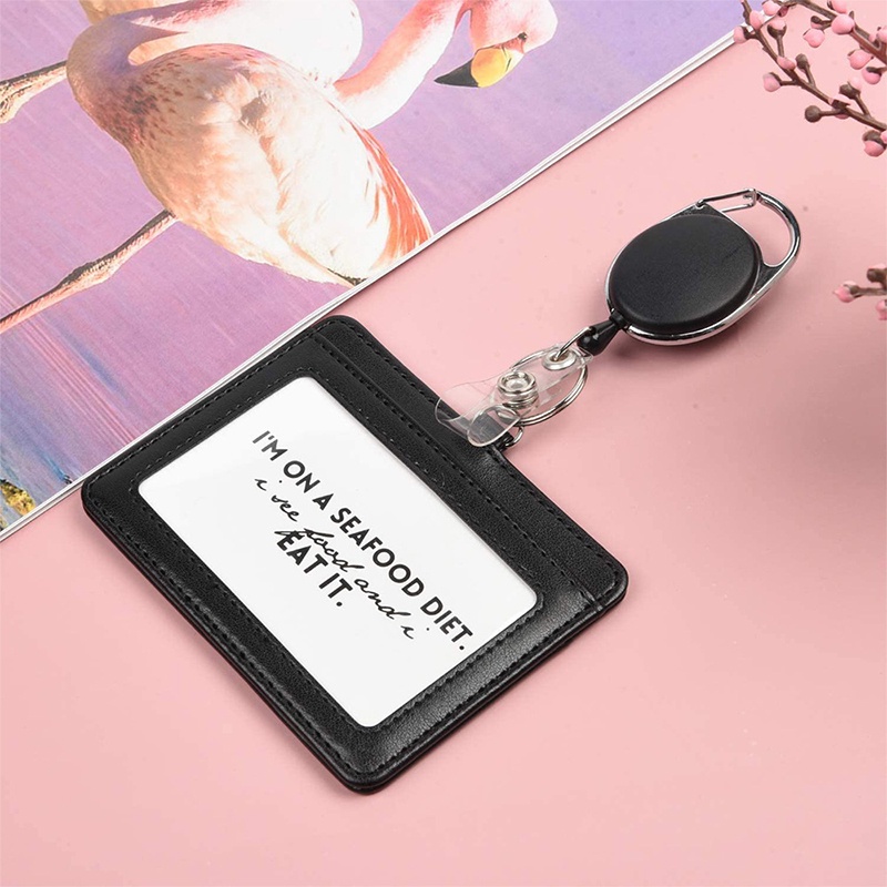 Horizontal ID Badge Holder Hitam PU Leather Card Cover Dengan Tarikan Ditarik Badge Reel Kunci Gesper Bank Kartu Kredit Black Holders Untuk Pekerja Kantor