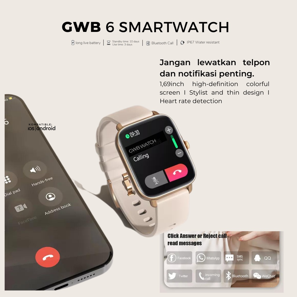 GWB 6 Smartwatch Original Magnetic Charging Kalkulator EKG HeartRate Sports Mode [FREE STRAP]