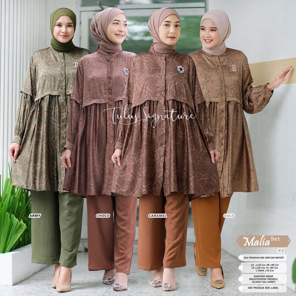 MALIA ONESET – Setelan Tunik Armani Silk PREMIUM Mix Crinkle Airflow // Oneset Tunik Celana Muslim B