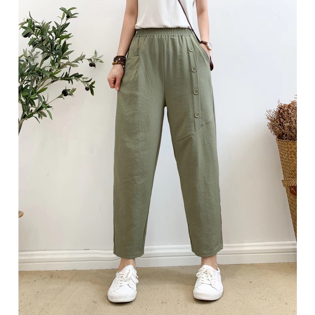 Stok bersih! Impor Unik Katun Celana Dipotong Wanita Celana Kasual Pinggang Tinggi Cropped Trousers Pants