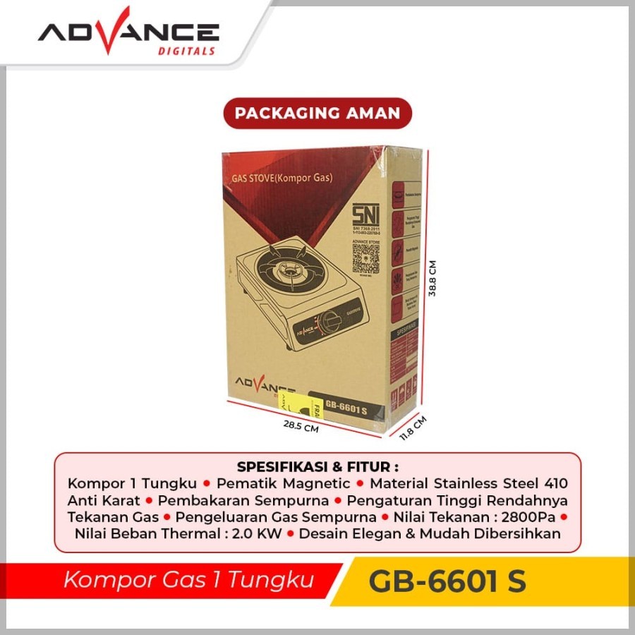 Kompor Gas 1 Tungku Murah Full Stainless Advance GB-6601S Garansi Resmi