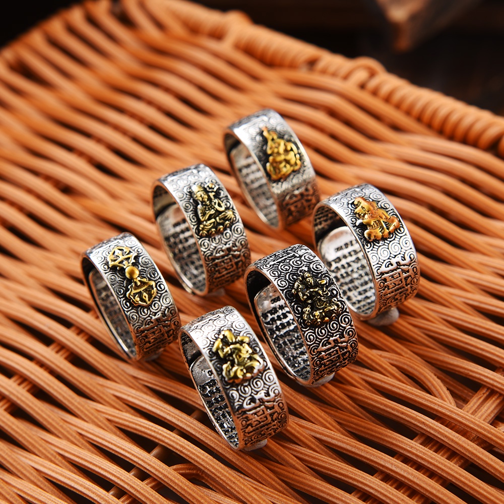 Vintage Namo Amitabha Buddha Nativity Guardian Ring Adjustable Alloy Transit Ring Liburan Masa Kini Pencerahan Agama Rings Untuk Pria Dan Wanita