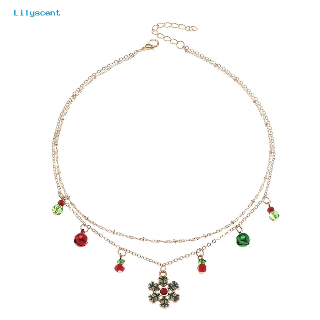 [LS] Wanita Kalung Double Layer Warna-Warni Lonceng Kristal Imitasi Meriah Electroplating Adjustable Dekorasi Hadiah Tahun Baru Natal Snowflake Pendant Rantai Klavikula Perhiasan Pesta