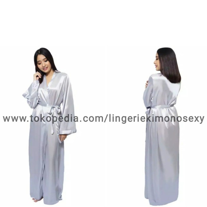 baju dress kimono panjang jubah tidur wanita Sexy bahan satin silver