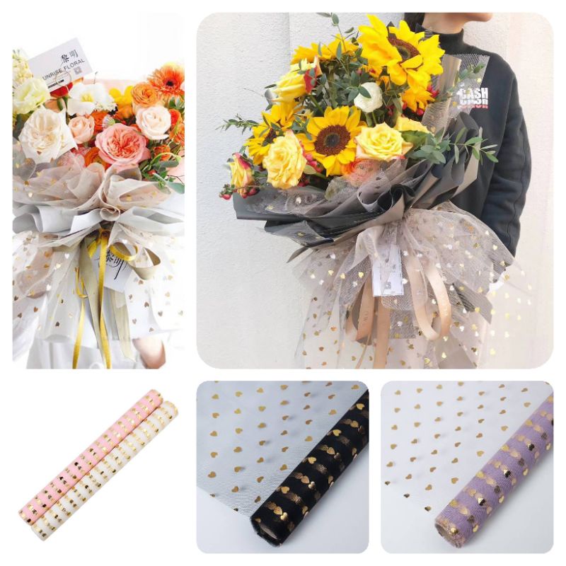 

Free Packing Golden Heart Tile Flower Mesh Roll Hampers Flower Wrapping Paper Bouquet Korean Jaring Mash Kertas Buket Bunga Motif Jaring Tile Brokat Kertas Jaring Buket Bunga Love