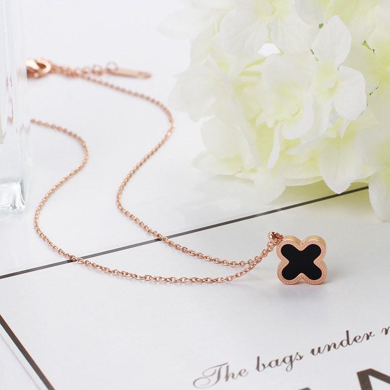 Kalung Rantai Dengan Liontin Daun Clover Dua Sisi Untuk Wanita  | Kalung Rantai Rose Gold 18k Untuk Wanita | Aksesoris Perhiasan Bahan Stainless Steel Titanium