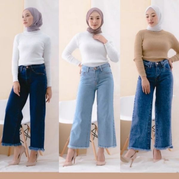 Highwaist Kulot Rawis Jeans Wanita / Celana Jeans Kulot Rawis Premium Bahan Tebal