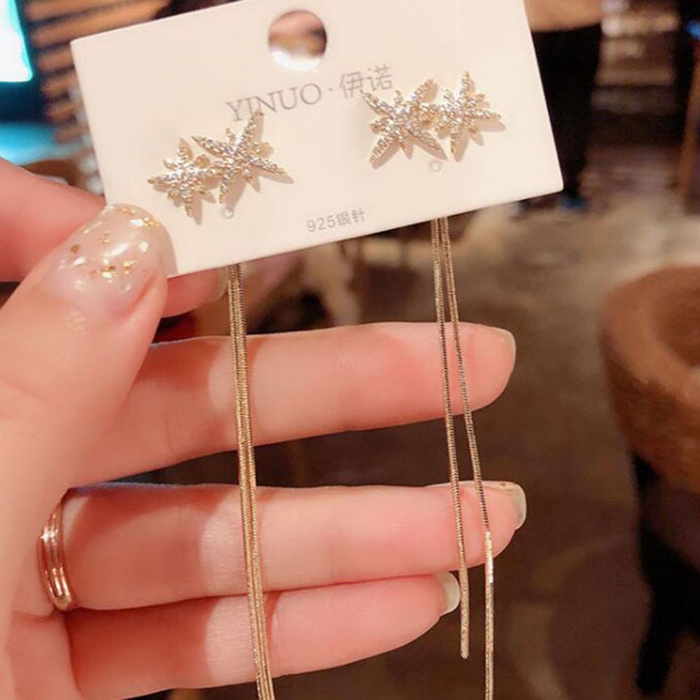 1pasang woman fashion retro Elegan Bintang Berlian Imitasi Rumbai Rantai Drop Menjuntai Anting Perhiasan