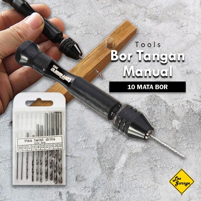 Matabor Bor Tangan Manual Mini Hand Drill + 10 Mata Bor Set Kayu Besi Hss