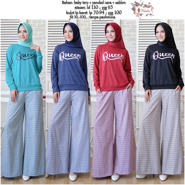 SETELAN KULOT FASHION TRENDY WANITA JUMBO ONE SET KAOS LENGAN PANJANG + CELANA KULOT PANJANG MOTIF KOTAK-KOTAK WANITA KASUAL