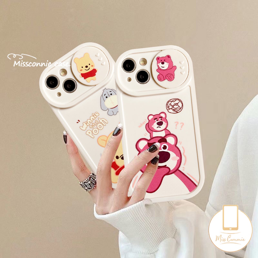 IPHONE Kartun Lucu Strawberry Bear Manyo Case Kompatibel Untuk Iphone11 7Plus XR X13 11 12 Pro Max 8Plus XS Max Push Pull Window Pelindung Lensa Kamera Winnie The Pooh Soft Cover