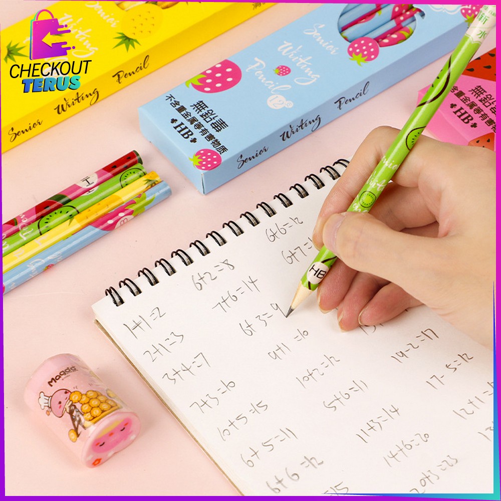 CT A49 Pensil Kayu Set 12IN1 Motif Buah With Eraser Alat Tulis Dengan Penghapus Sekolah 12pcs Pencil Fruits Praktis Import