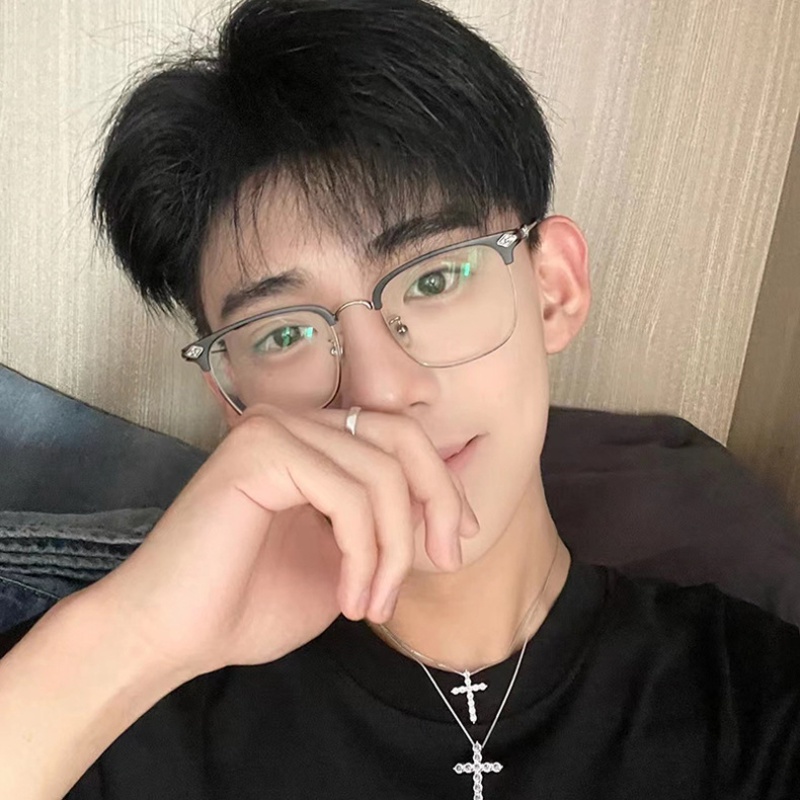 (YUZHU) Kacamata Bingkai Alis Logam Pria Oversized Square Frame Anti Blue Light Eyeglasses Women Dapat Dilengkapi Dengan Half Frame Eyeglasses