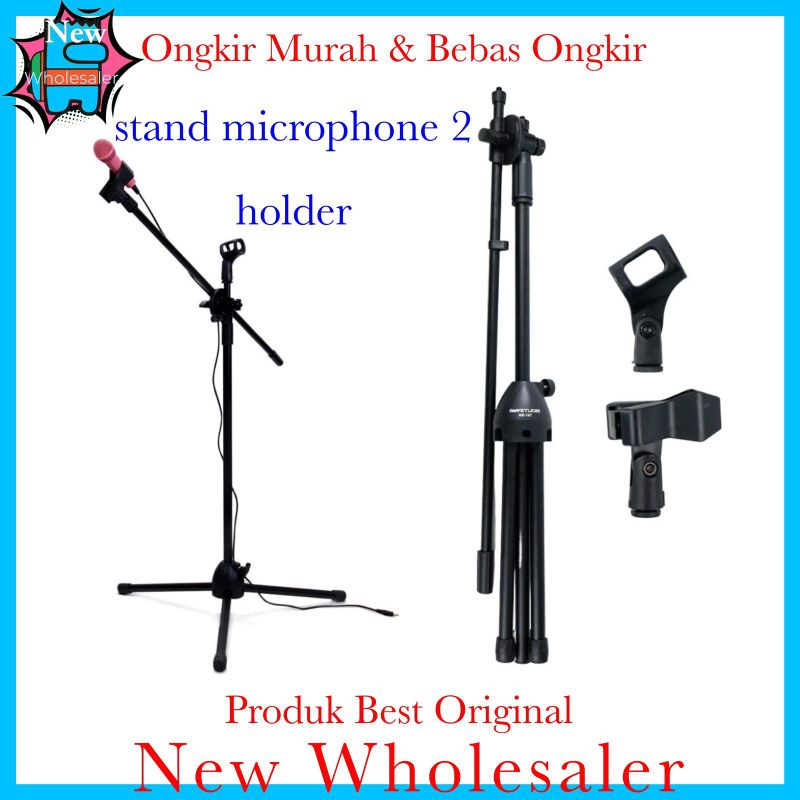 Stand mic dua holder klip tinggi 140 cm original berkualitas