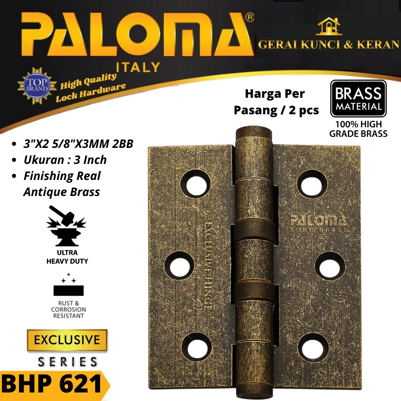 PALOMA BHP 621 BUTT HINGE ENGSEL JENDELA BRASS 3&quot;X2 5/8&quot;X3MM 2BB RAB BRASS ANTIK