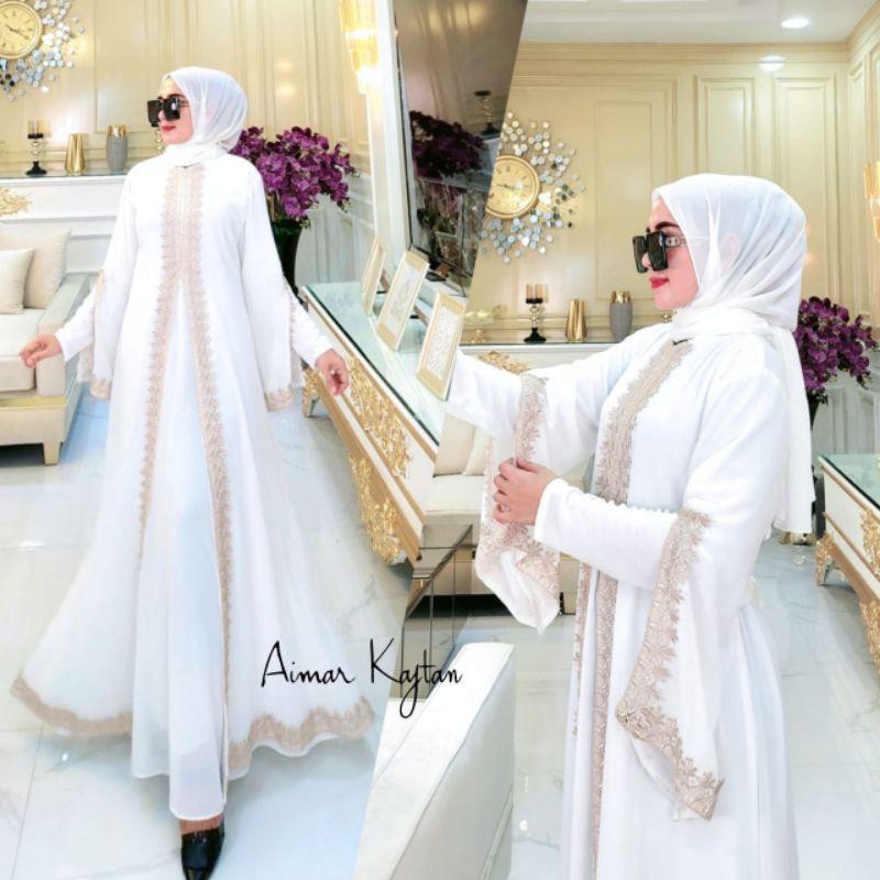 Busana Muslim Wanita Terbaru Gamis Putih Jumbo Aimar Kaftan Dress Lebaran Crinkle AirFlow Aksen Renda Baju Kondangan Gaun Pesta