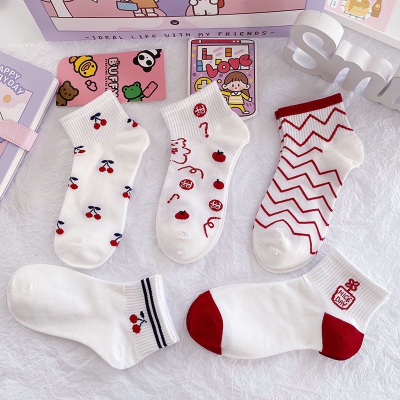 AFM Kaos Kaki Wanita Pendek Semata Kaki Motif Buah Cerry Cute Import