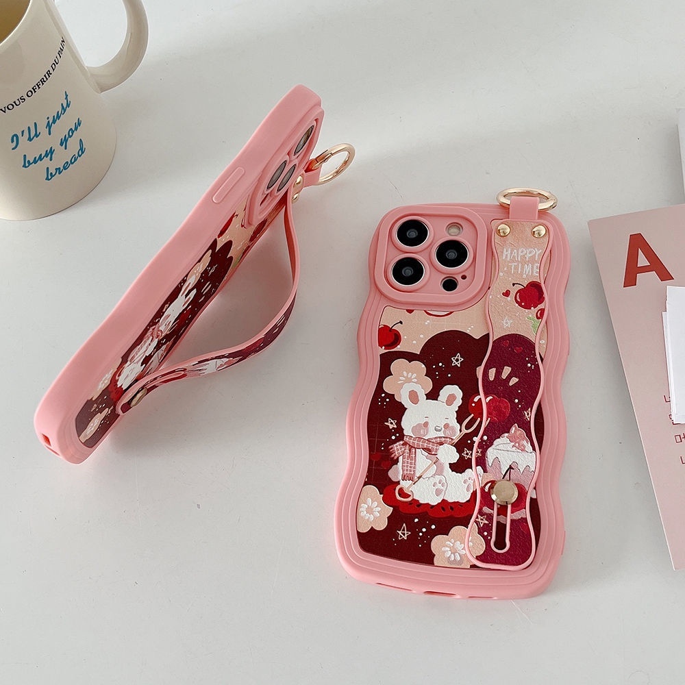 IPHONE Casing Ponsel Desain Bentuk Gelombang Kelinci Cherry Pink Kompatibel Dengan Iphone12 13 14 11 Pro Max X Xs Max Xr Qwsdx