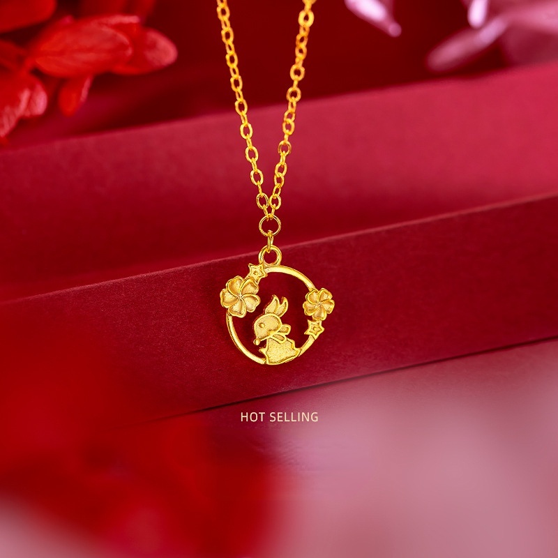 Goldkingdom Perhiasan Fashion Emas Asli Kadar 375Bangkok Aksesoris Ready Stock Tahun Baru Zodiak Kelinci Kecil Kalung Laurel Kelinci O Rantai Manis Lucu Rantai Tipis