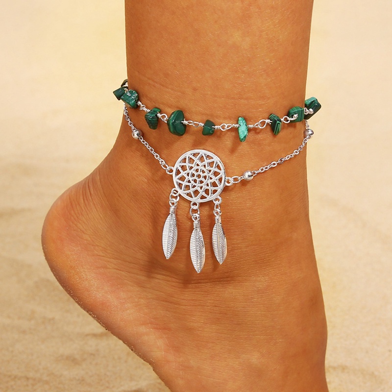 Wanita Pantai Kaki Rantai Gelang Kaki Liontin Gelang Kaki Wanita Multilayer Penangkap Mimpi Faux Turquoise Beaded Foot Chain Anklet Bracelet