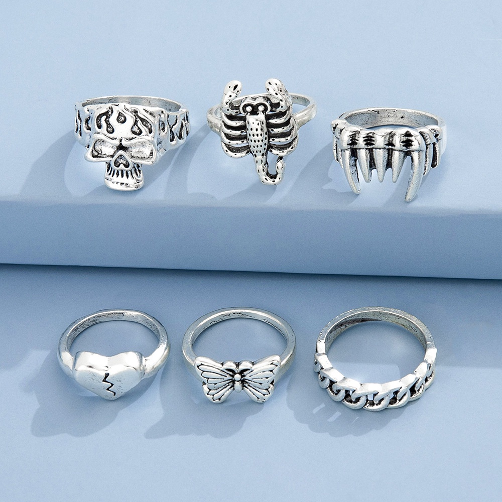 Kepribadian Hip-hop Fashion Retro Kalajengking Taring Cinta Tengkorak Kupu-Kupu Cincin Kombinasi