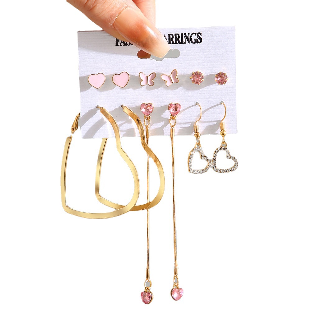 Lucu Merah Muda Kupu-Kupu Stud Anting Set Untuk Wanita Besar Berongga Hati Panjang Rumbai Drop Earring Perhiasan Harian Memakai Hadiah