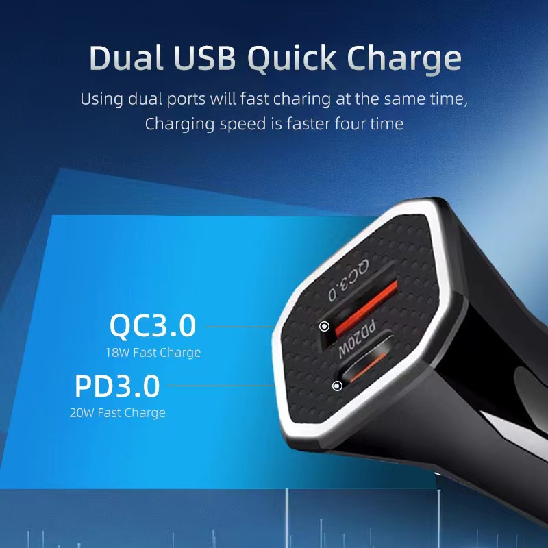 38w QC3.0+PD Dual-Port Flash Charge Adapter QC+Charger Mobil Handphone Tipe C Untuk i-Phone Android Tipe C Di Mobil