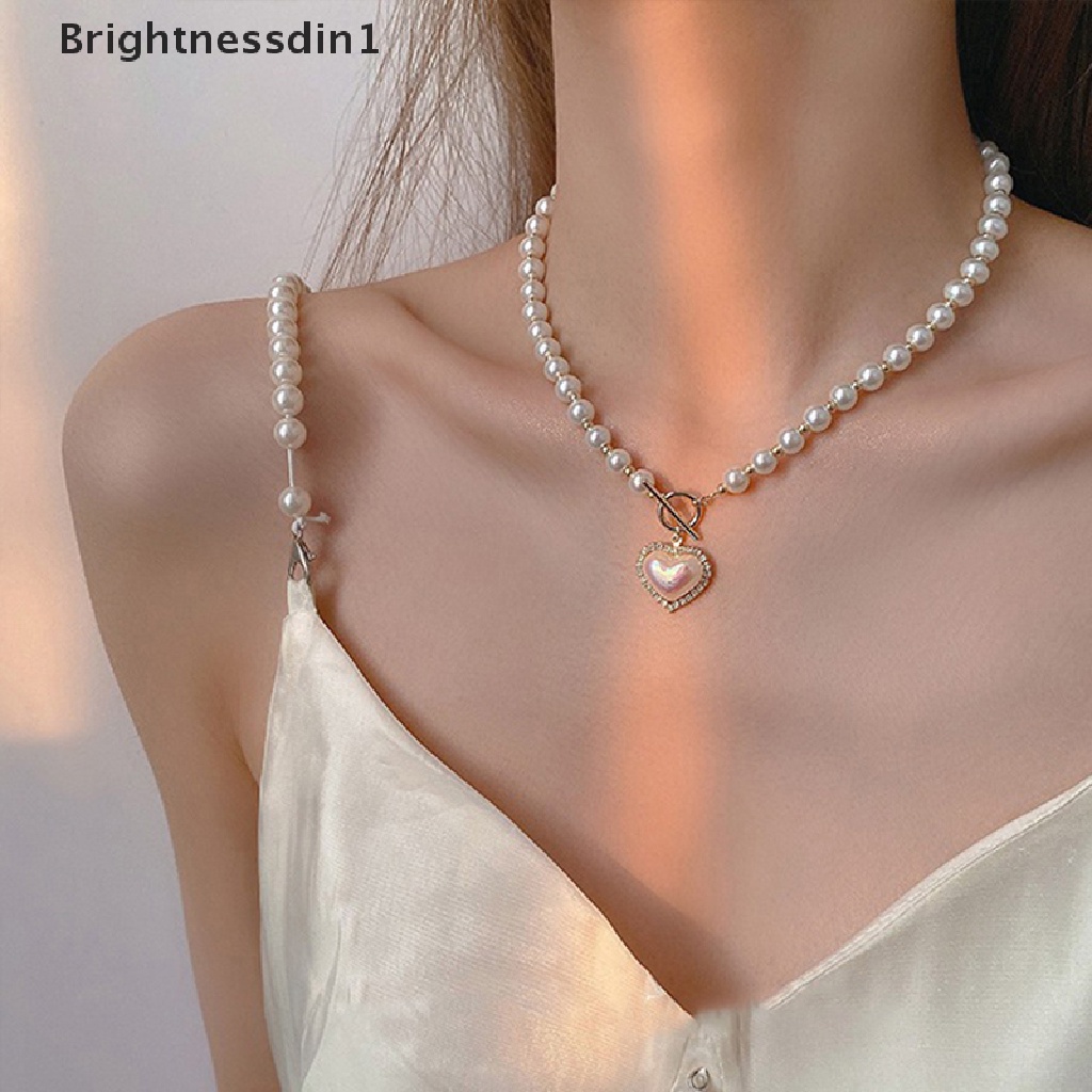 [Brightnessdin1] Mutiara Manik-Manik Kalung Sederhana Manis OT Gesper Rantai Klavikula Jantung Tergantung Kalung Untuk Wanita Wanita Trendi Mutiara Rantai Chokers Necklaces Fashion Perhiasan Butik