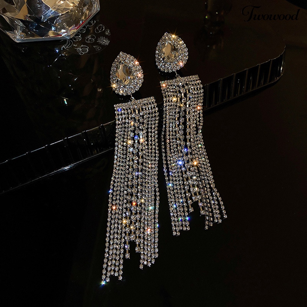 Twowood 1pasang Anting Rumbai Oversize Berlebihan Geometris Eropa Dan Amerika Temperamen Berdandan Ornamen Tetesan Air Panjang Rumbai Kristal Imitasi Anting Perhiasan Fashion