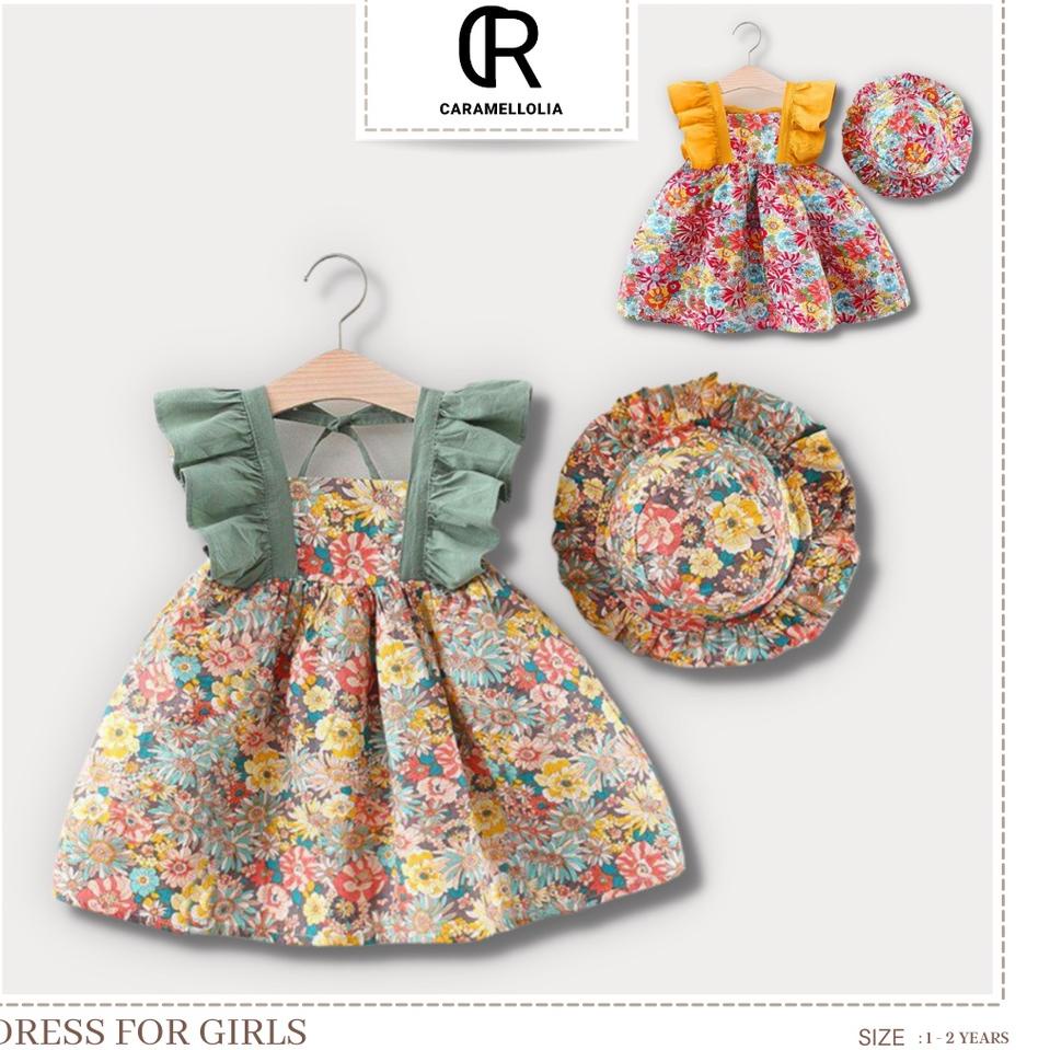 ➨ Dress bayi perempuan gratis topi Motif Flogreen Flopink baju bayi perempuan dress anak import ♣