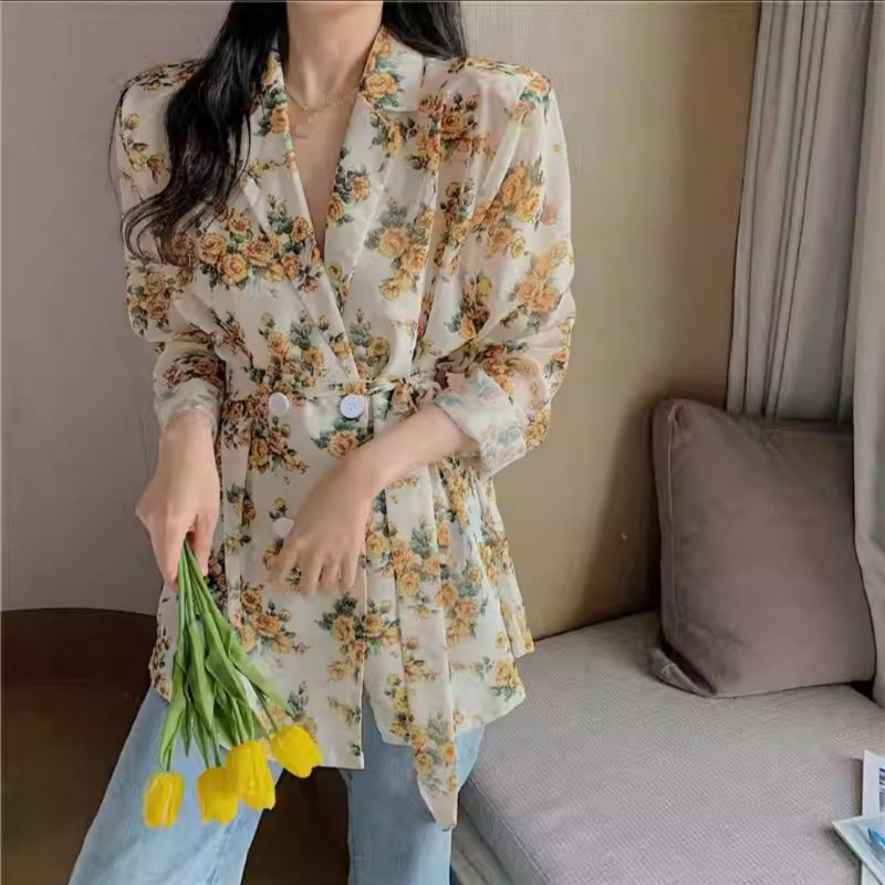 35500 Pakaian luaran blazer wanita terbaru motif bunga bunga lengan panjang leher kerah Vi neck impo